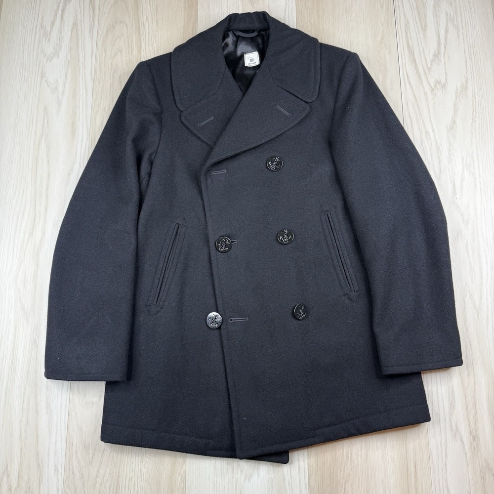Vintage US Enlisted Peacoat 100% Wool Overcoat Mens 38R Military Issue Black